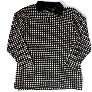 York Harbor Houndstooth Zip Pullover Velvet Collar Top Black White Size M